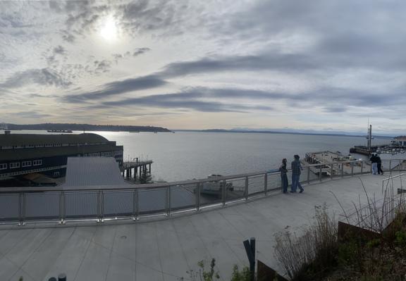 puget sound and the olympic mountains on a bright mostly cloudy day