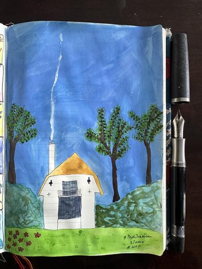 Sketch in sketchbook of a house set in greenery with a wisp of smoke coming out of the chimney