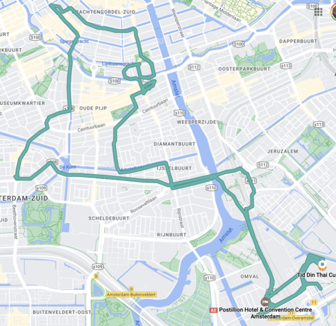 A map of part of Amsterdam, with about 20km of random-looking bicycle route on it.  The squirrelly looking parts are where I was thwarted by construction and confusing verbal instructions from Google Maps.