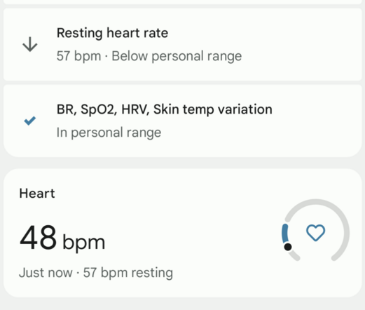 Screenshot of Fitbit numbers, resting heart rate 57bpm, "below personal range", other numbers "in range", current heart rate 48bpm.