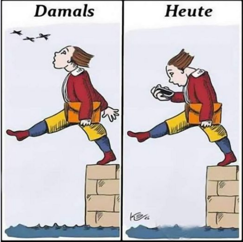 Links: Damals: Hans-guck-in-die-Luft schaut zu den Vögeln nach oben und läuft vom Ufer ins Wasser, er wird gleich fallen.
Rechts: Heute: Hans schaut aufs Handy und läuft vom Ufer ins Wasser, er wird gleich fallen.