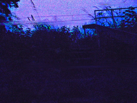 Photograph of the bottom of a wooden stairwell in the dark, surrounded by grass and weeds. The details of the image are obscured by heavy and saturated noise, and glitch effects. The image is tinted in blue and purple.