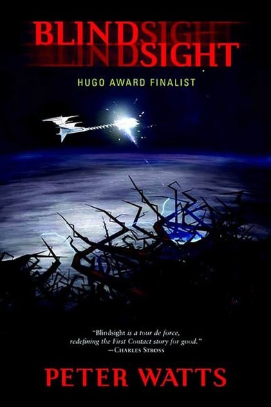 The cover design for Peter Watts' novel Blindsight shows a bright spaceship hovering over a dark and spiky planet lit by arcs of electricity