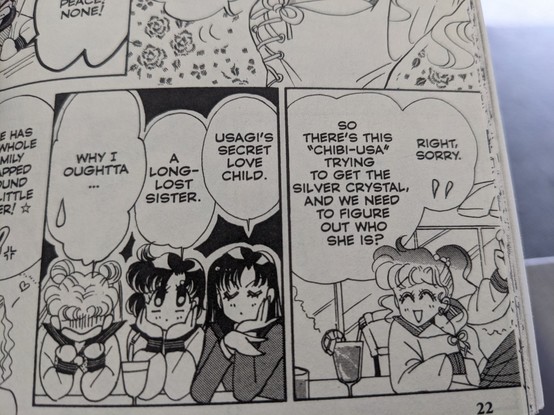 Two panels from the SAILOR MOON manga where the Guardians are discussing who Chibausa is and Rei speculates that she's 