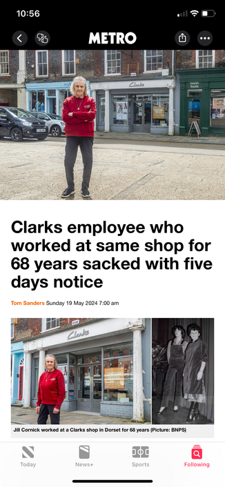 Photo from Metro news woman sacked with five days notice after working 68 years for Clark shoes