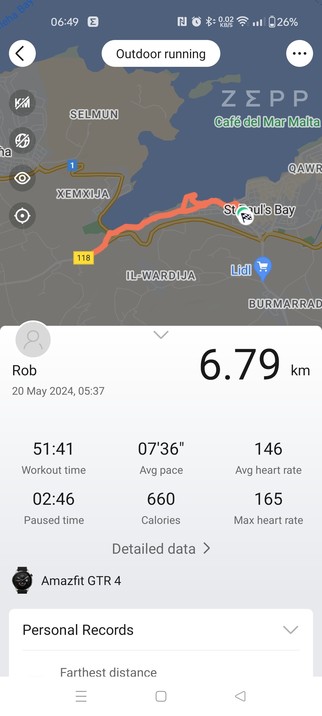 Screenshot from the Zepp app, where the detailed data for my Amazfit GTR4 running watch is displayed. The image shows a heat map of the route, around St Paul's Bay for this mornings 20th May 2024; run. Beneath is an assortment of data:
total distance 6.79km, 
workout time 51.41, 
Avg pace 7.36, 
Avg heart rate 146bpm ,
max heart rate 165bpm, 
660 calories, 