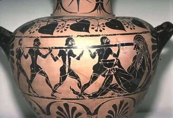 Black figure vase painting depicting four men holding a large spit, poking out the eye of Polyphemus the Cyclops.