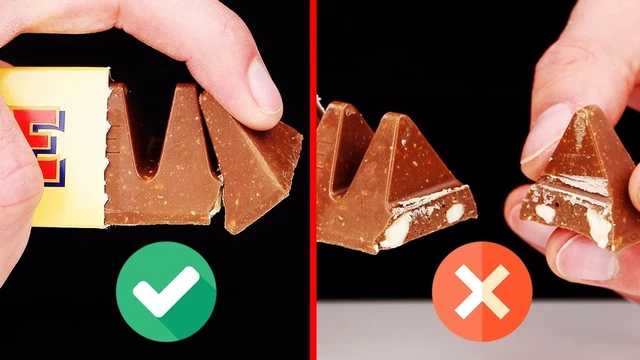 How to break off the first piece of Toblerone correctly without hurting yourself: Pull the top towards the rest of the bar.

How to do it wrong: Any other way, like trying to break it off in the opposite direction, away from the rest of the bar (i.e. the way one intuitively does it) or biting it off