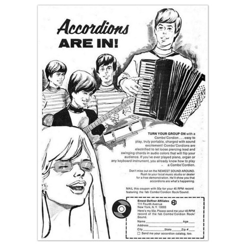 Vintage advertisement promoting accordions. Shows excited musicians and a singer, with text about the benefits and excitement of playing the Combo'Cordion. Includes a mail-in coupon for a demonstration record.