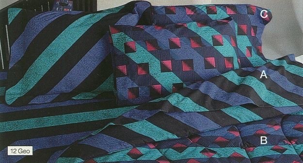 A bed with geometric patterned bedding in teal, blue, black, and pink. Three sections are labeled: 