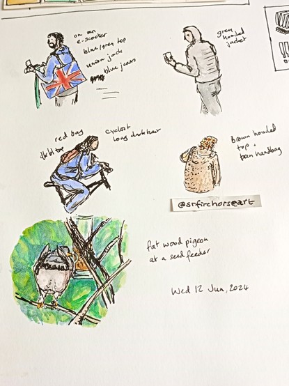 Five ink and watercolour observational drawings. 
Four are of individual people on the move and the other is of a pigeon (seen from the rear) at a bird feeder. 
The people are (from top left)
- on an e-scooter with a union jack flag design bag
- walking with a smartphone 
- on a bicycle 
- walking with a fluffy jacket and a tan handbag on one shoulder 