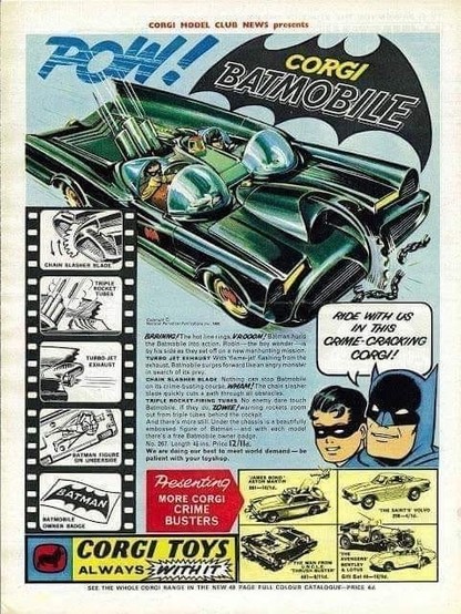 Advertisement for the Corgi Batmobile toy featuring comic-style graphics. Includes images and text detailing the toy's features like chain slicer blade, rocket tube, and pulsating flame. Batman and Robin invite readers to join in on crime-fighting.