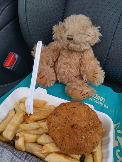 A small brown bear called Mooch Bear is sitting in the passenger seat of a car. In front of her is a tray of chips with a fishcake on top and she has a fork ready to tuck in.