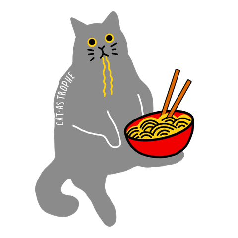 Fat grey cat eating a bowl of noodles.