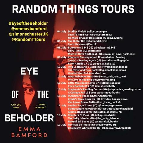 Blog tour poster for Eye of the Beholder by Emma Bamford, featuring the book's cover and a list of dates and blogger handles