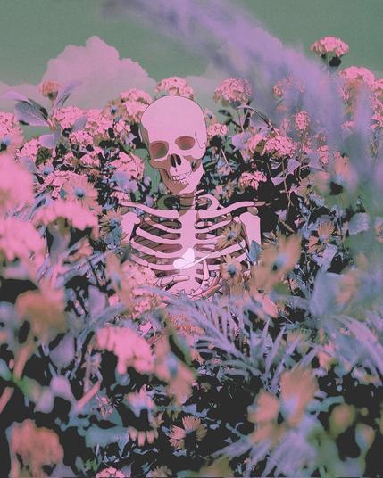 A skeleton amidst vibrant, colorful flowers under a green sky.

https://www.instagram.com/psychedelicthinker/p/C8X29buSCYs/