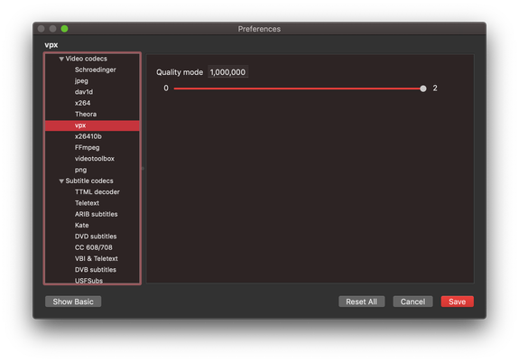 Screenshot of VLC media player's advanced settings, opened to the vpx page under 