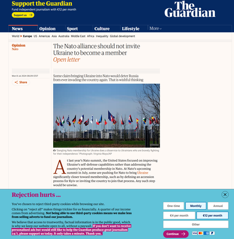 A screenshot from The Guardian. Most of the shot is taken up by a garbage “open letter” regurgitating kremlin talking points about how Ukraine joining Nato would be bad for Nato. The rest of the page is taken up by two large “Support the Guardian [by paying us money]” boxes.