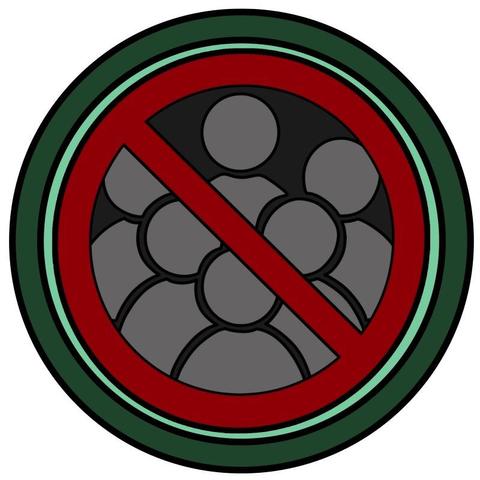 circle badge with a generic crowd in gray and a prohibition symbol (red circle with red diagonal bar) overlay