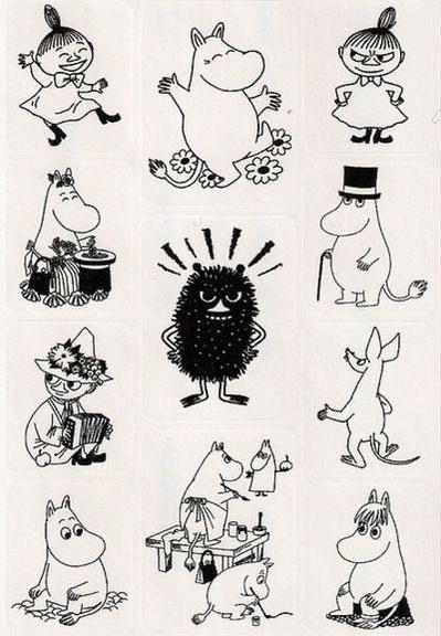 A collection of black and white illustrations of various Moomin characters.

https://www.flickr.com/photos/elenna/4300733424