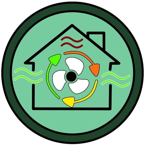 circle badge with the outline of a house with a fan in the middle, red wavy lines in the top of the house indicate bad air, directional arrows go from orange to yellow to green as the air circulates and green wavy lines on either side of the house indicate good air flow between inside and outside