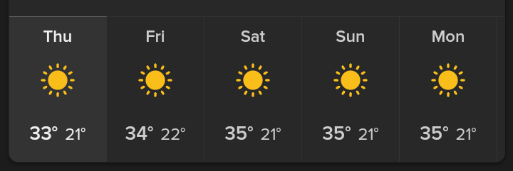 weather forecast for the 5 next days. the temperature will be from +33 to +35