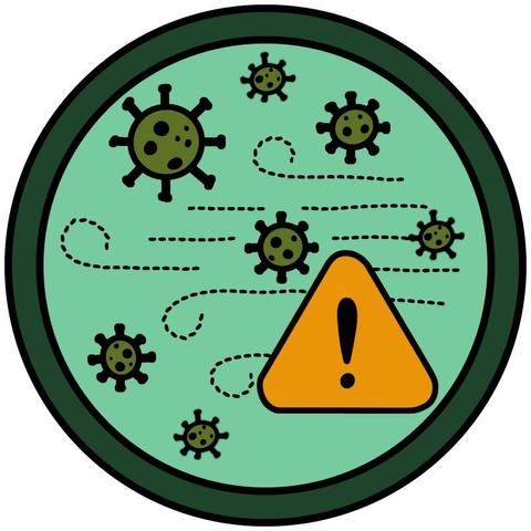 circle badge with virus particles floating amidst dotted lines representing wind and a hazard warning icon (yellow triangle with exclamation point) in one corner