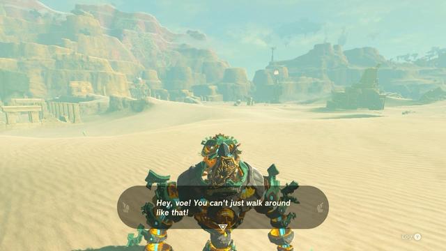 Link is told he can’t go out like that while riding Mineru’s Construct in TotK