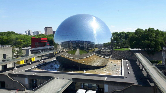 The Geode - a silver, reflective, ball of a building