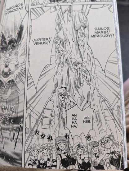 A panel from the SAILOR MOON manga showing the four Inner Guardians captured by the Witches 5