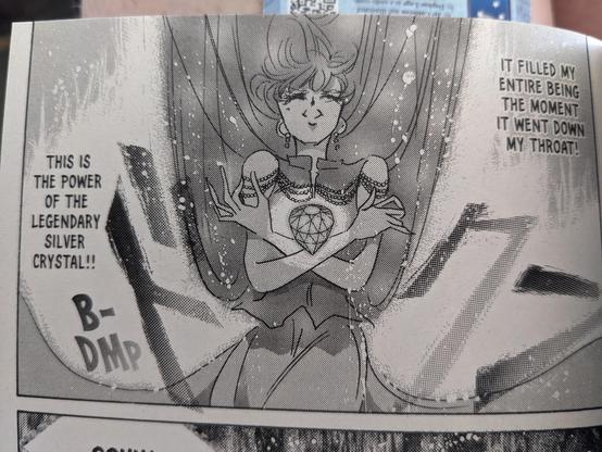 A panel from the SAILOR MOON manga showing Hotaru Tomoe, possessed by the alien being Mistress 9, rapturous after swallowing Chibiusa's Legendary Silver Crystal and saying 