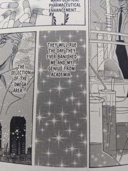 A panel from the SAILOR MOON manga, text only, where Professor Tomoe rants 