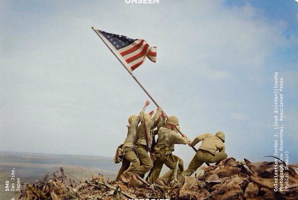 Famous WWII propaganda photo: troops raising American flag on Iwo Jima.