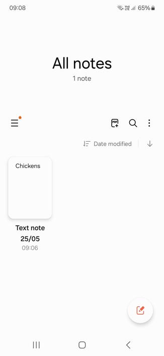 Screenshot of 'all notes' page on Samsung Notes. There is one note and it says 'Chickens'