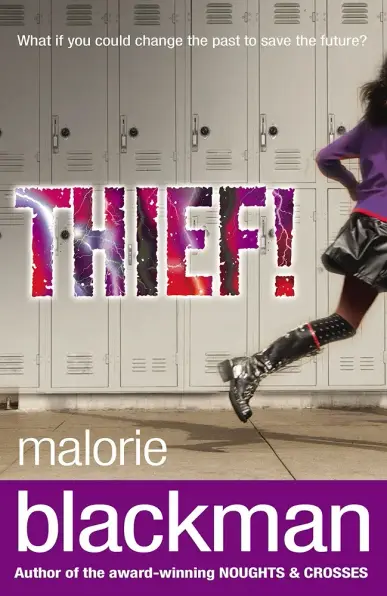 Cover of Thief! by Malorie Blackman, featuring a girl running out of frame past some lockers. This isn't the cover of the copy I read, but I can't find a non-potato quality of that online.
