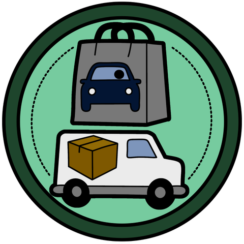circle badge with a shopping bag with a car inside of it and a delivery van with a box icon on the side panel