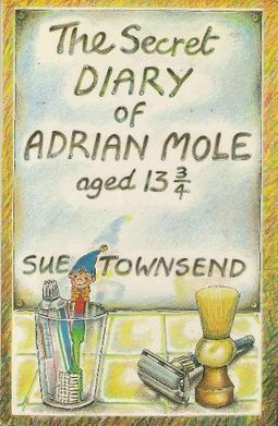 Classic cover of The Secret Diary of Adrian Mole aged 13 ¾ by Sue Townsend, with a Noddy toothbrush and toothpaste in a glass, and a disposable razor and shaving brush