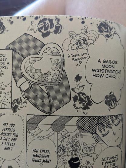 A panel from the SAILOR MOON manga showing Chibiusa's birthday present of a Sailor Moon wristwatch. Cheap unlicensed products from overseas, probably.