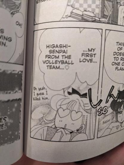 A close-up of the third panel mentioned, where in smaller text Minako says, of Higashi-senpai, 