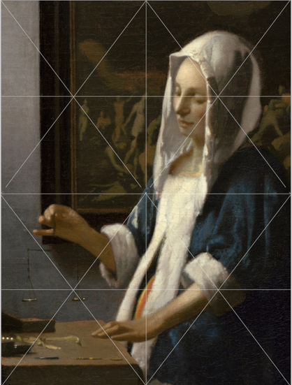 A crop of Vermeer's Woman with a Balance. A few thin white lines have been added at the halfway, quarter points, plus a diagonal grid to help gauge the relationship between elements.