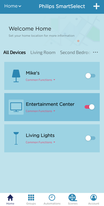 Philips SmartSelect app showing 3 power devices labeled 