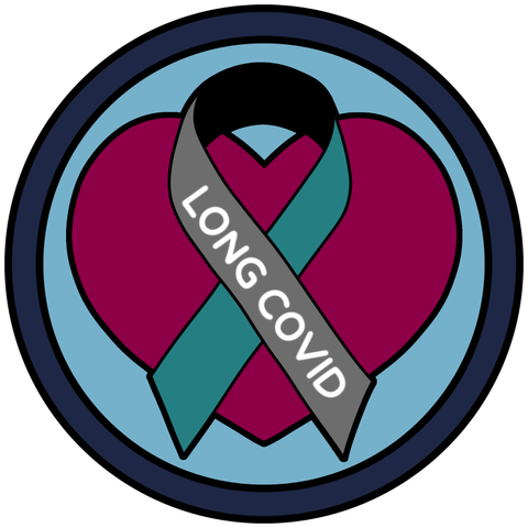 circle badge with awareness ribbon in teal and gray with the words Long Covid written on the gray panel over a large pink heart