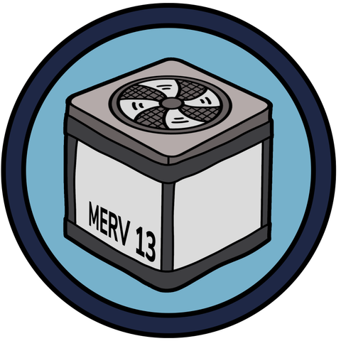 circle badge with Corsi-Rosenthal box comprised of square HEPA filters on the sides and a square box fan on the top