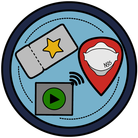 circle badge with dotted circular line connecting a ticket, a location symbol with a trifold N95/FFP2 mask in it centre, and a streaming video play button