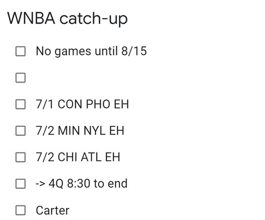 Today's list of WNBA to catch up on.