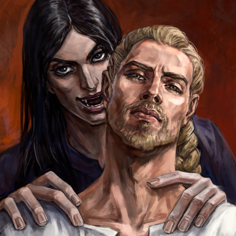 Sensual painting of a beautiful androgynous man with long black hair and vampire teeth about to bite another man with a blond braid and a beard in the neck