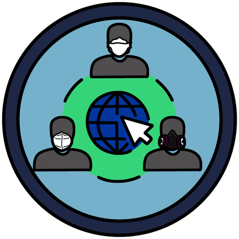 circle badge with three figures wearing assorted respirators encircle the world wide web icon with a white arrow cursor