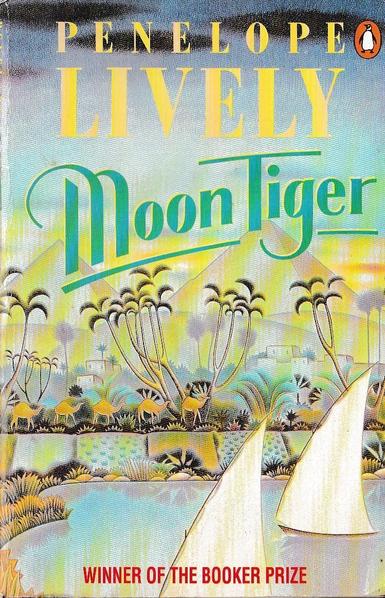 Cover of Moon Tiger by Penelope Lively, featuring a scene of sailboats on a river with camels, palm trees and mountains further away
