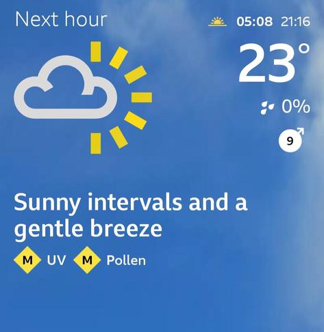 Picture of the BBC weather showing picture of sunny intervals and temperatures of 23oC.