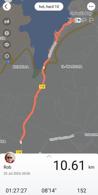 Route map from the Zepp app of my 10.61km run, as tracked by my Amazfit GTR4 running watch. A route in orange cuts from st Paul's Bay out to Balut in Manikata and back. At the bottom of the map image is some data that shows date 25/07/2024 time started 0506hrs then distance 10.61km, 1:27.27 time taken, 08'14' pace /km and 152 average Heart rate.